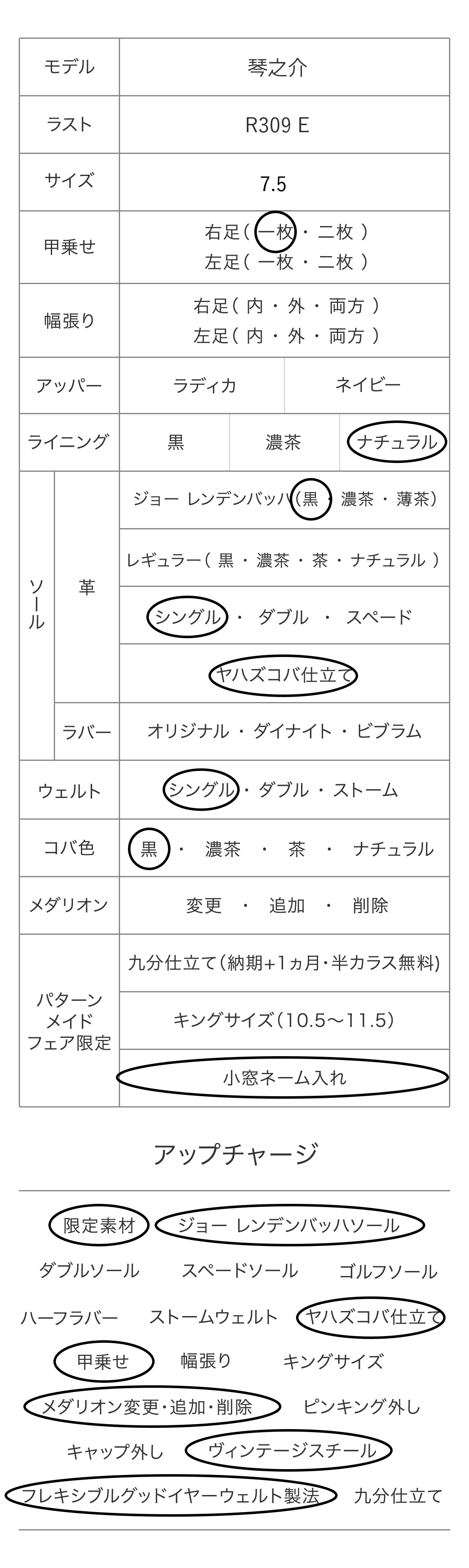 琴之介 パターンメイドカスタマイズ項目
